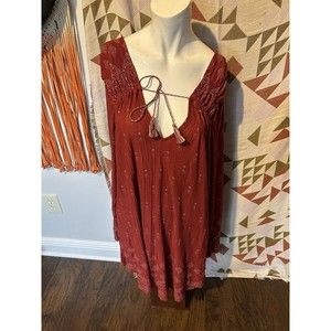 Lucky Brand 1X Red Tunic Long Sleeve Rayon Boho Womens V Neck Tassel Tie